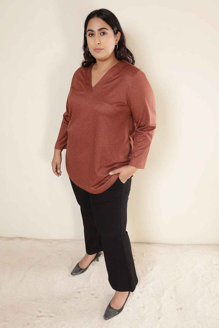 Plus Size Rust V Neck SnugWeave Winter Top