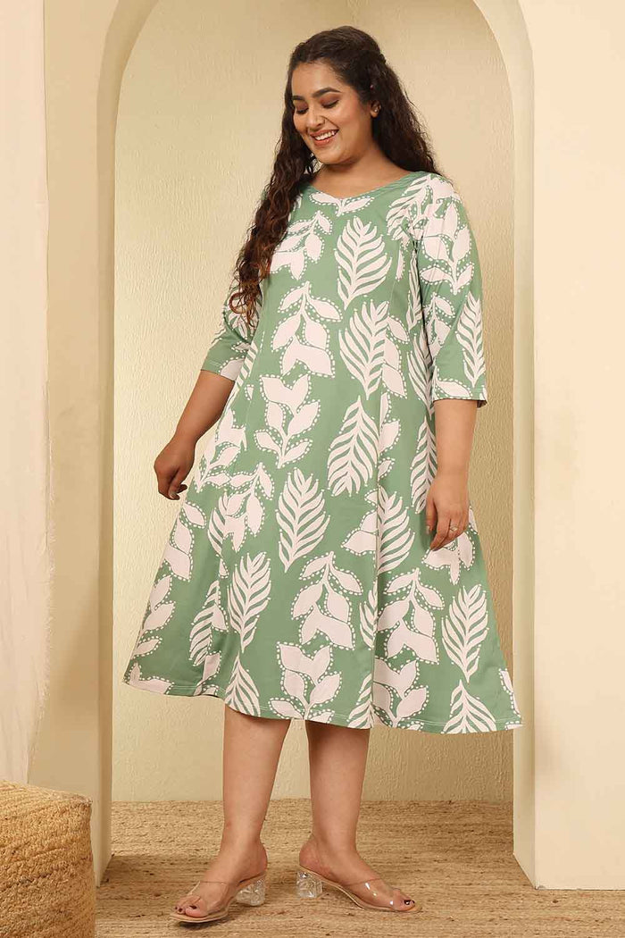 Plus Size Sage Green Leaf Print A Line Dress