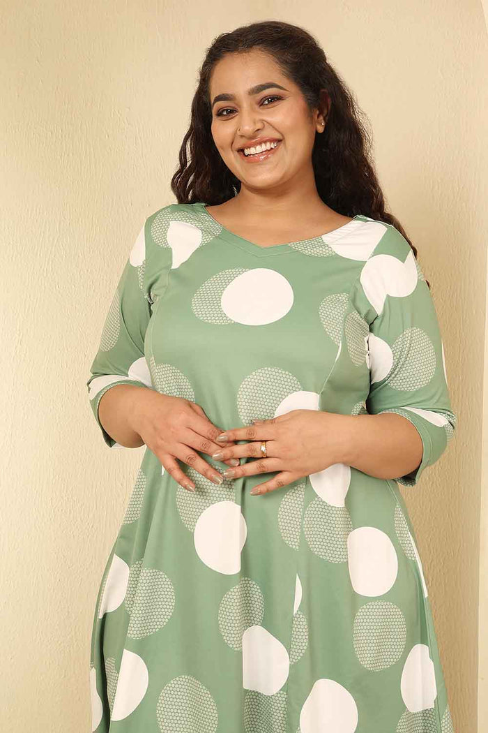 Plus Size Sage Green Polka Print A Line Dress