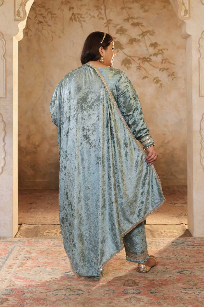 Plus Size Sea Green Printed Velvet V Neck Suit Set