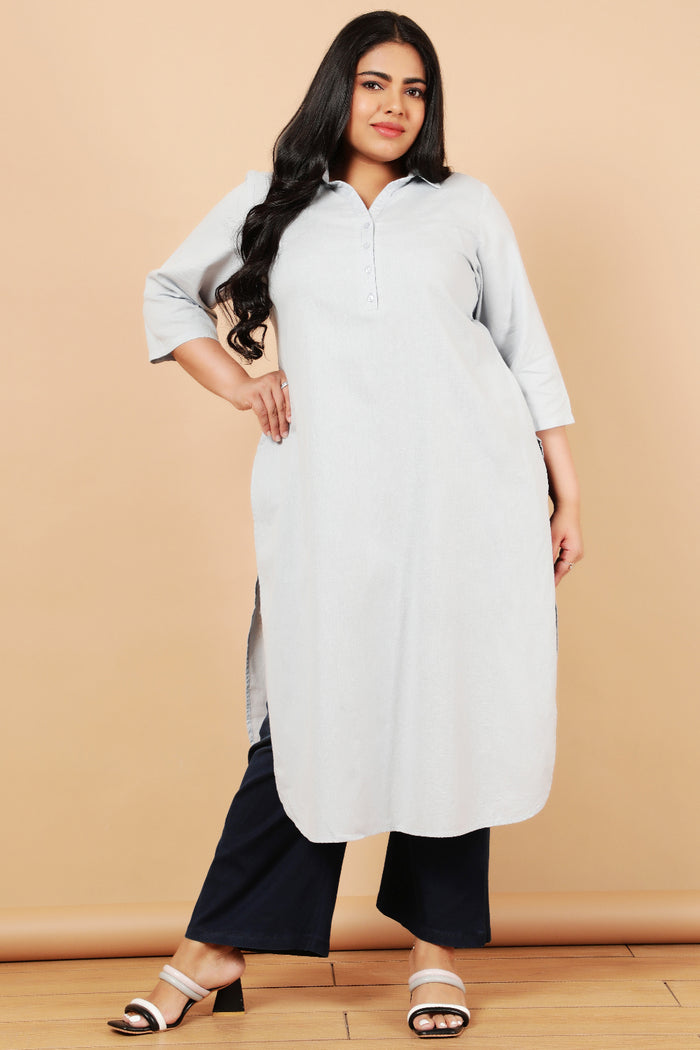 Plus Size Sky Blue Cotton Linen Collar Kurta