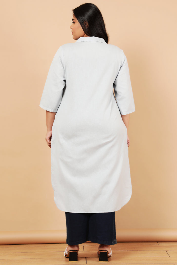 Plus Size Sky Blue Cotton Linen Collar Kurta