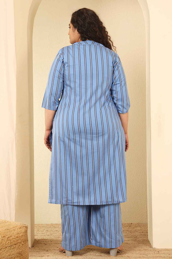 Plus Size Sky Blue Striped Cotton Kurta Coord Set