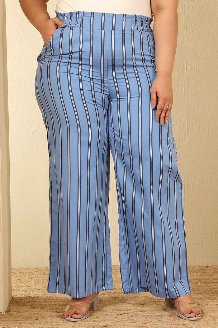 Plus Size Sky Blue Striped Cotton Kurta Coord Set