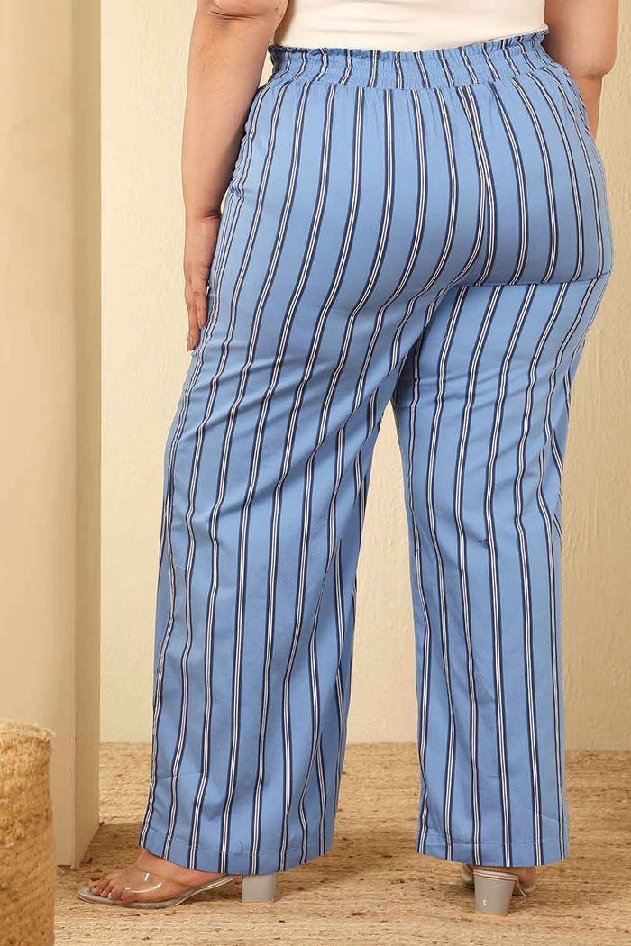 Plus Size Sky Blue Striped Cotton Kurta Coord Set