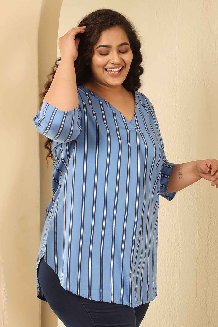 Plus Size Sky Blue Striped Cotton V Neck Top