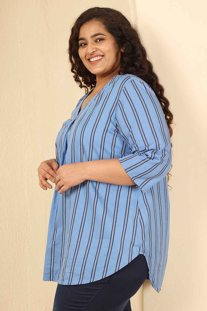 Plus Size Sky Blue Striped Cotton V Neck Top