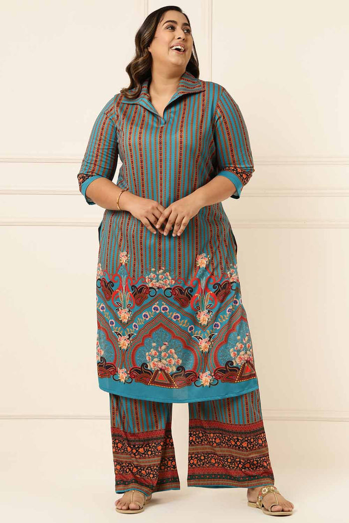 Plus Size Teal Blue Printed Coord Set