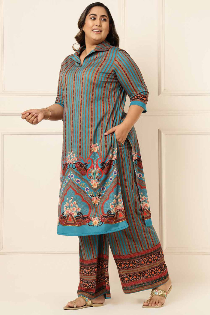 Plus Size Teal Blue Printed Coord Set