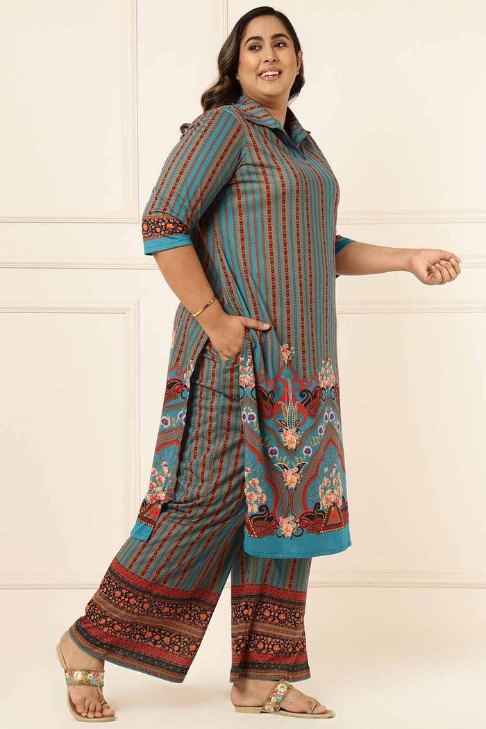Plus Size Teal Blue Printed Coord Set