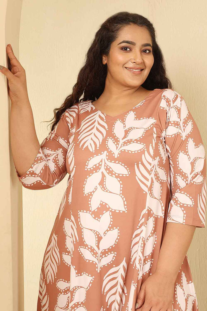 Plus Size Terracotta Leaf Print A Line Dress
