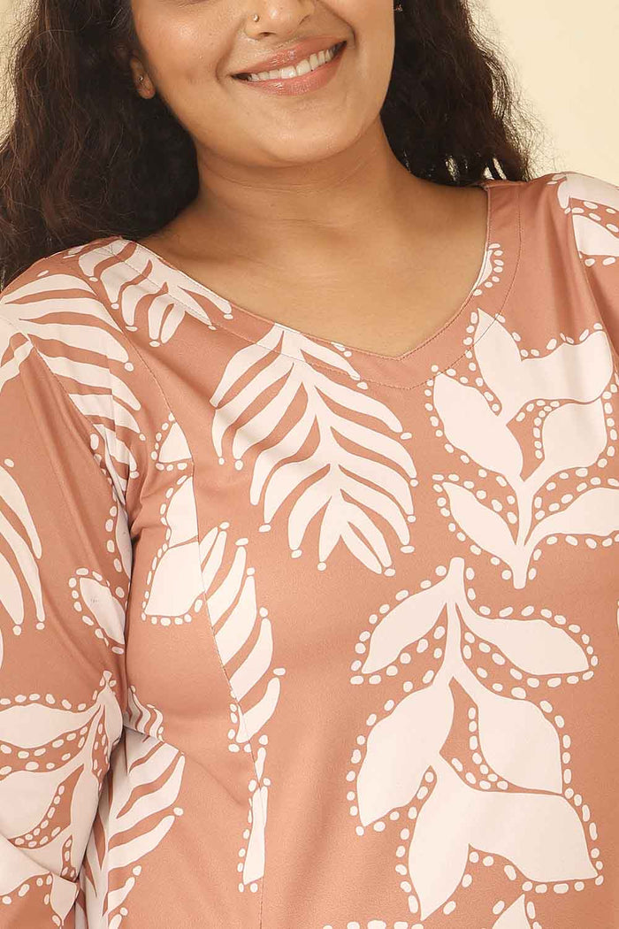 Plus Size Terracotta Leaf Print A Line Dress