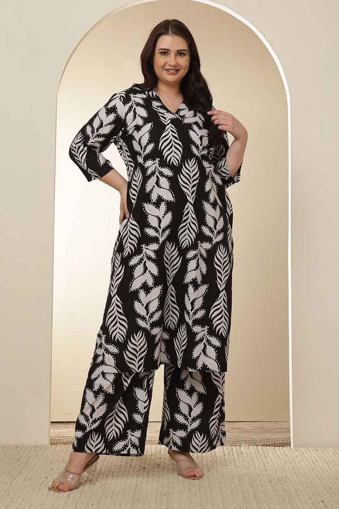 Plus Size White Black Leaf Print  Rayon Kurta Coord Set