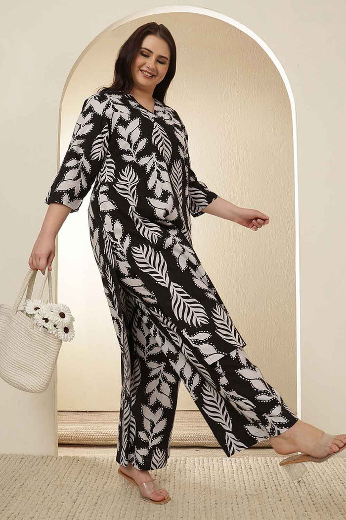 Plus Size White Black Leaf Print  Rayon Kurta Coord Set