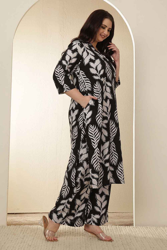 Plus Size White Black Leaf Print  Rayon Kurta Coord Set