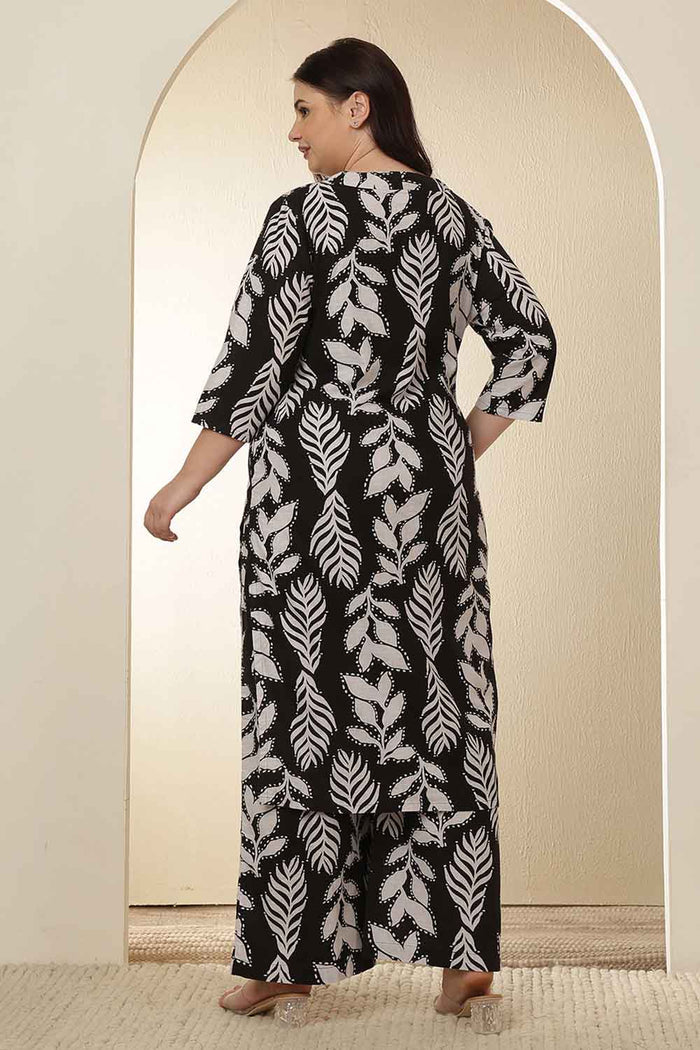 Plus Size White Black Leaf Print  Rayon Kurta Coord Set