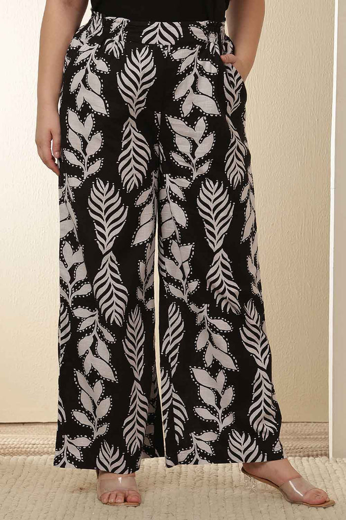 Plus Size White Black Leaf Print  Rayon Kurta Coord Set
