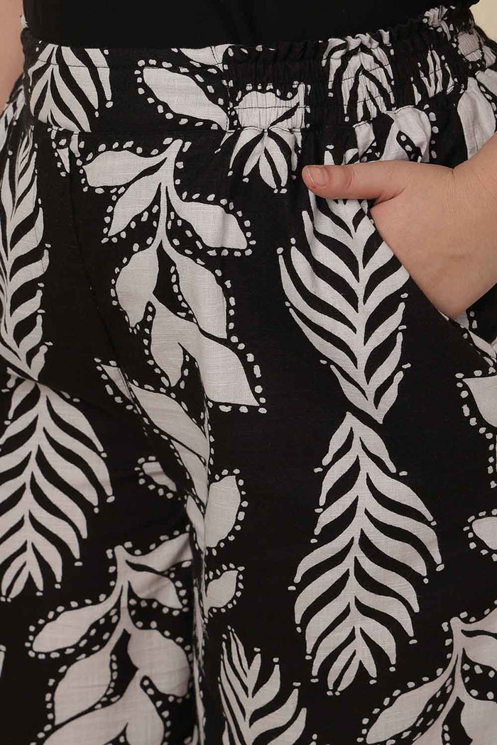 Plus Size White Black Leaf Print  Rayon Kurta Coord Set