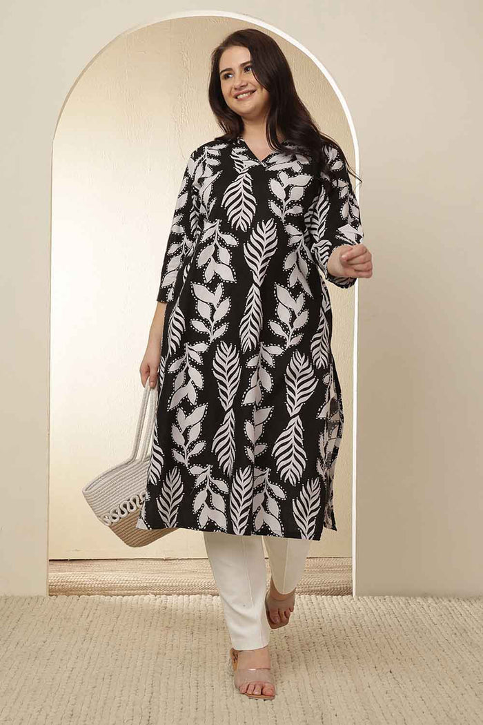 Plus Size White Black Leaf Print Rayon V Neck Kurta