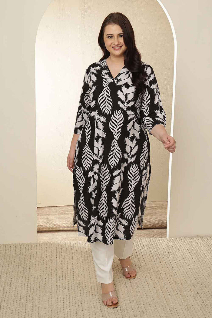Plus Size White Black Leaf Print Rayon V Neck Kurta