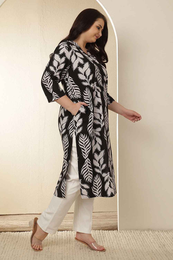 Plus Size White Black Leaf Print Rayon V Neck Kurta