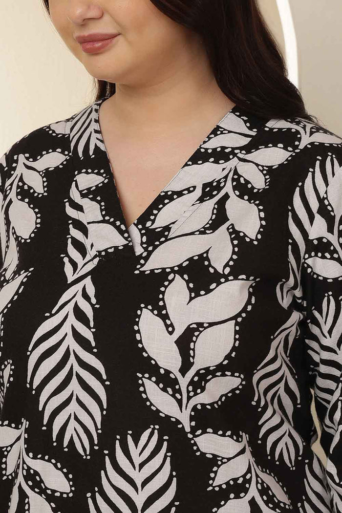 Plus Size White Black Leaf Print Rayon V Neck Kurta