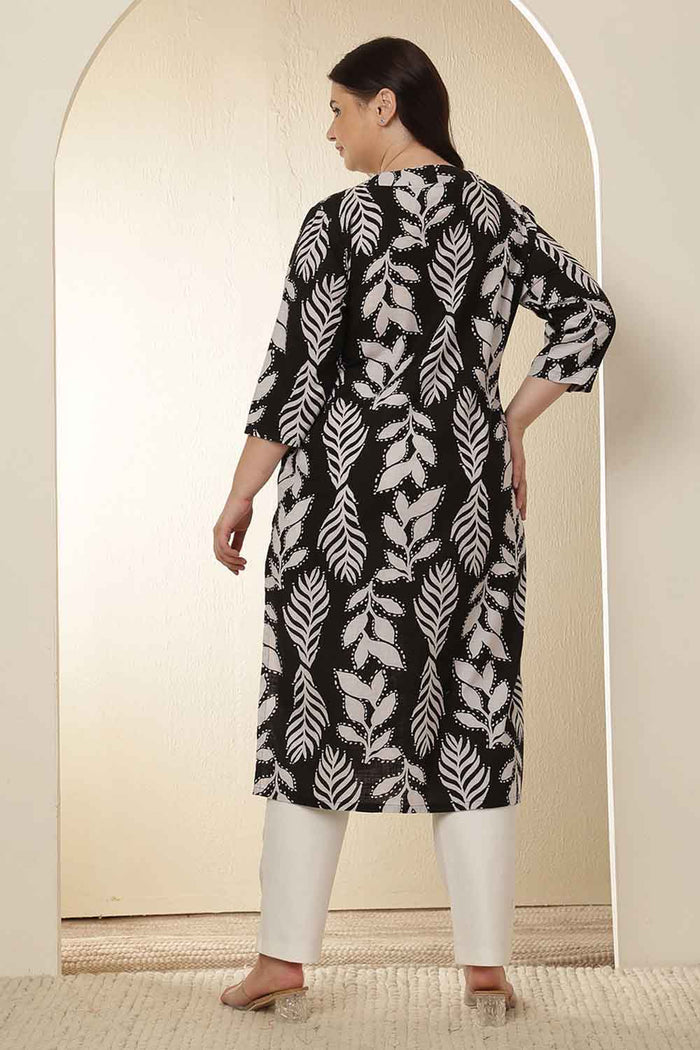 Plus Size White Black Leaf Print Rayon V Neck Kurta