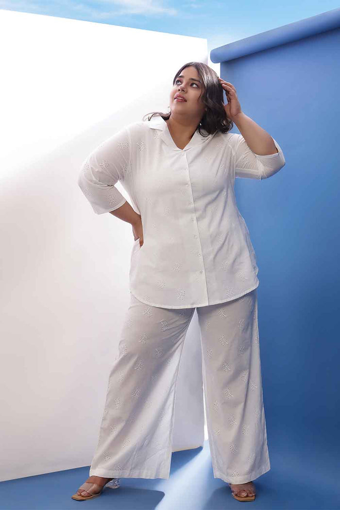Plus Size White Cotton Schiffli  Shirt Coord Set