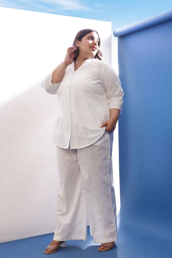 Plus Size White Cotton Schiffli  Shirt Coord Set