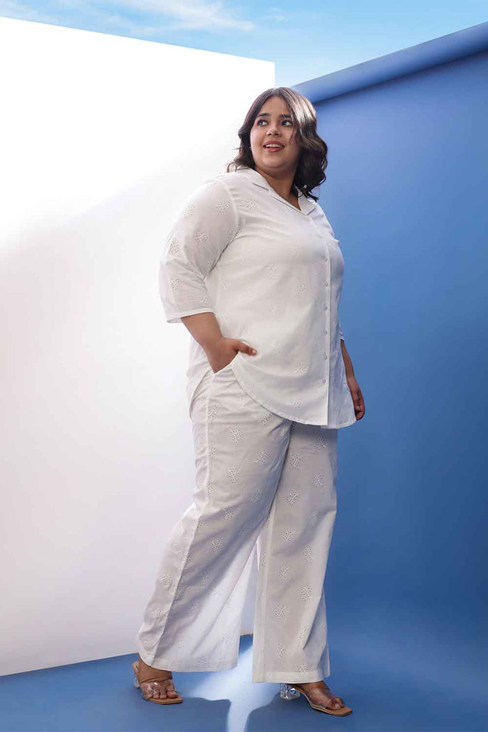 Plus Size White Cotton Schiffli  Shirt Coord Set
