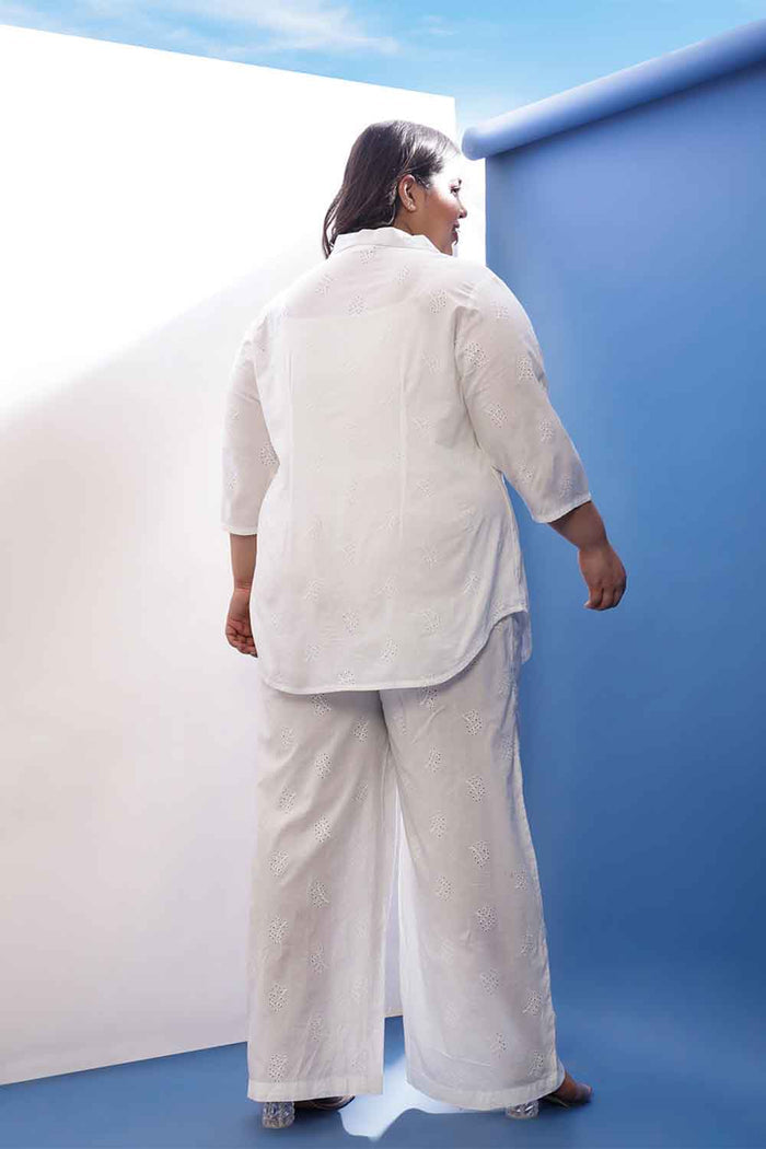Plus Size White Cotton Schiffli  Shirt Coord Set