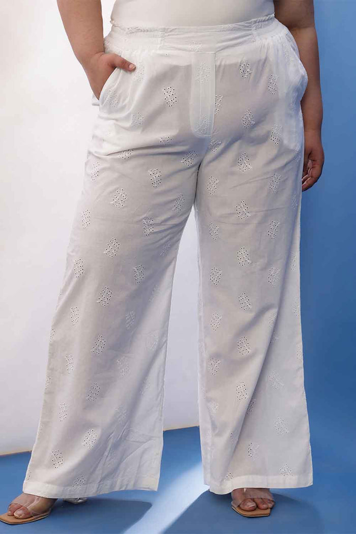 Plus Size White Cotton Schiffli  Shirt Coord Set