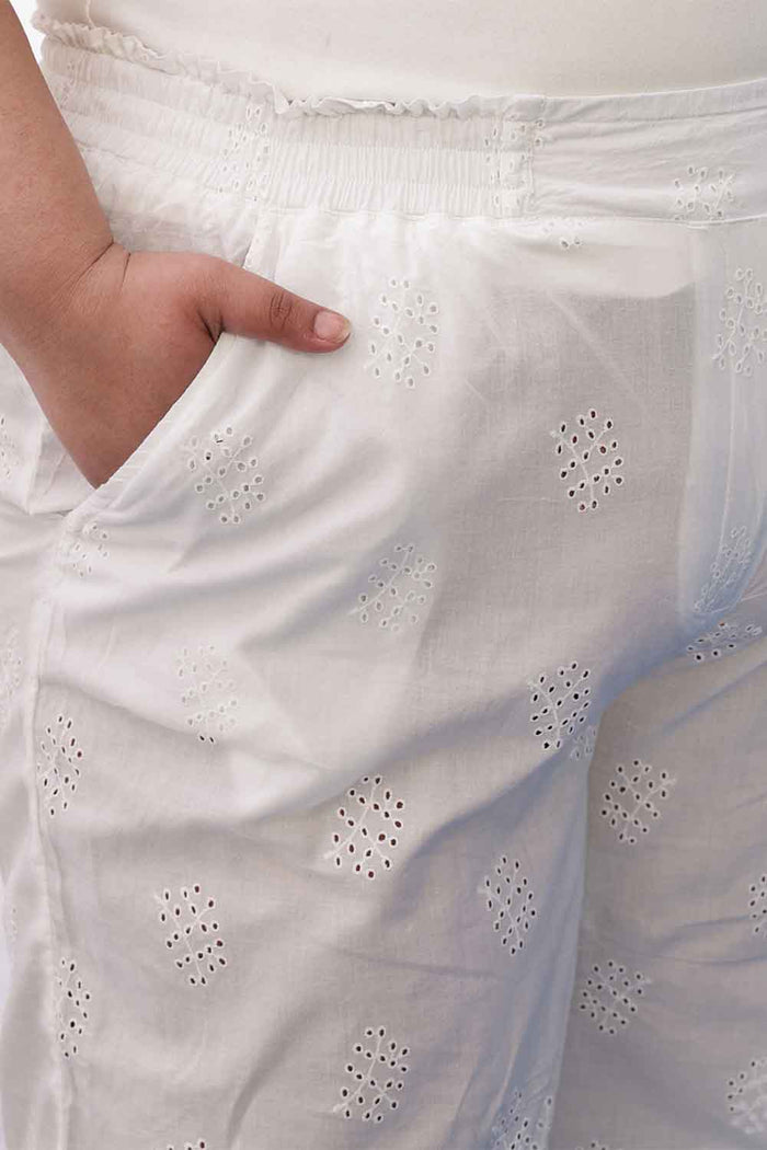Plus Size White Cotton Schiffli  Shirt Coord Set