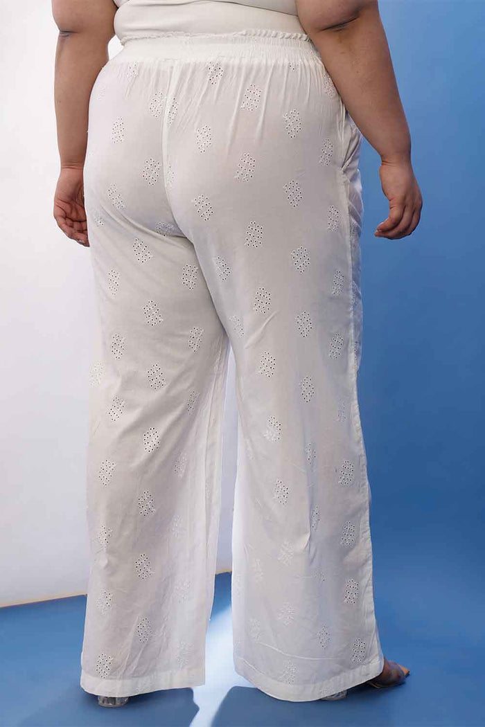 Plus Size White Cotton Schiffli  Shirt Coord Set