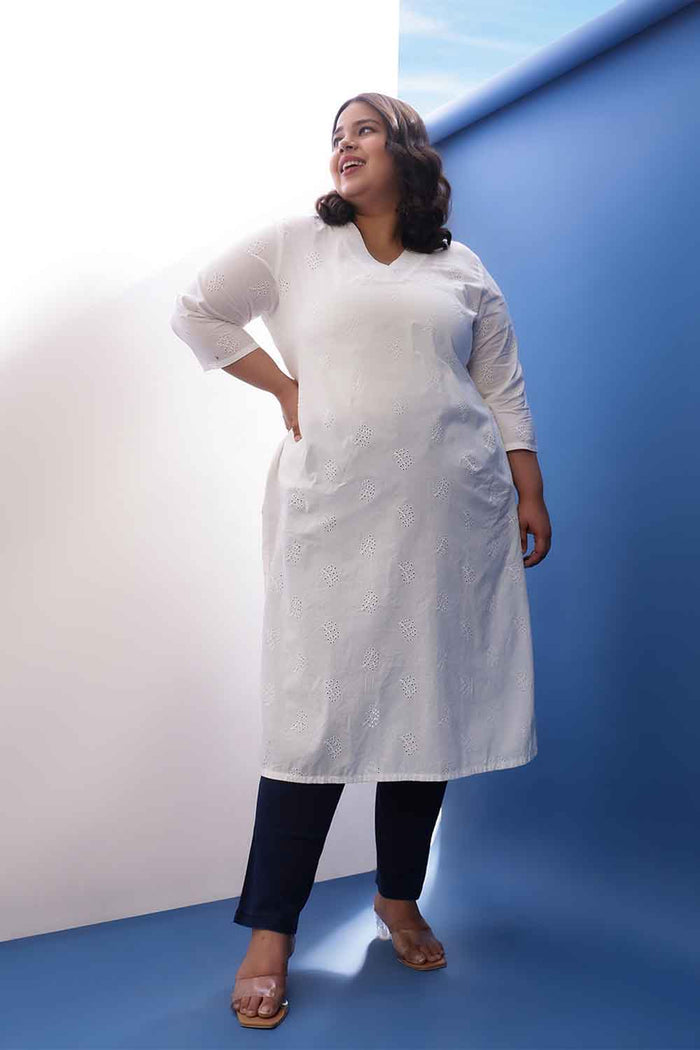 Plus Size White Cotton Schiffli V Neck Kurta