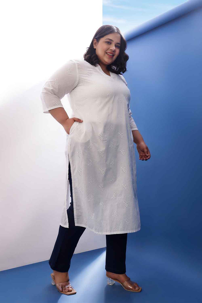 Plus Size White Cotton Schiffli V Neck Kurta