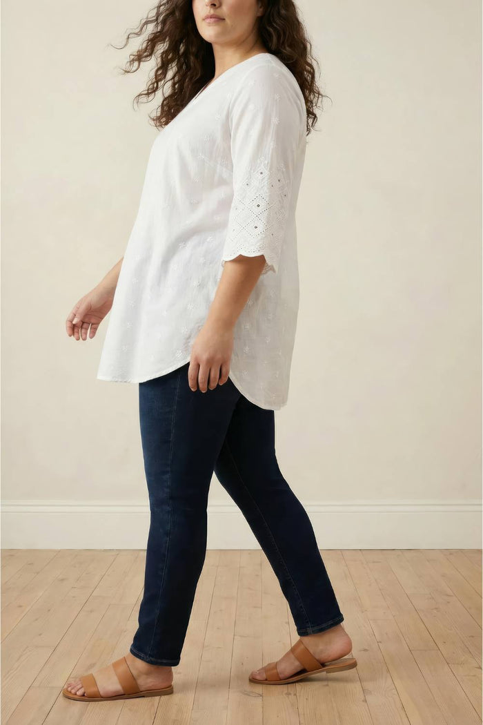 Plus Size White Cotton Schiffli V Neck Top