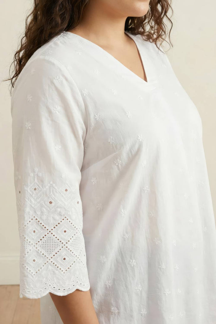 Plus Size White Cotton Schiffli V Neck Top