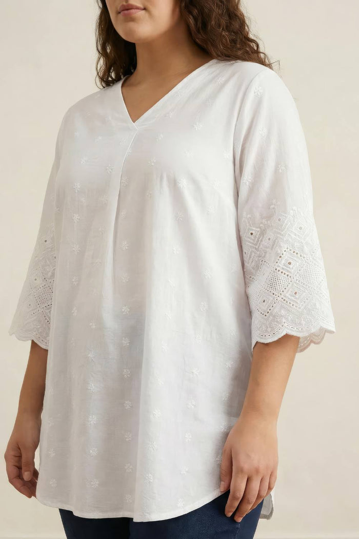 Plus Size White Cotton Schiffli V Neck Top
