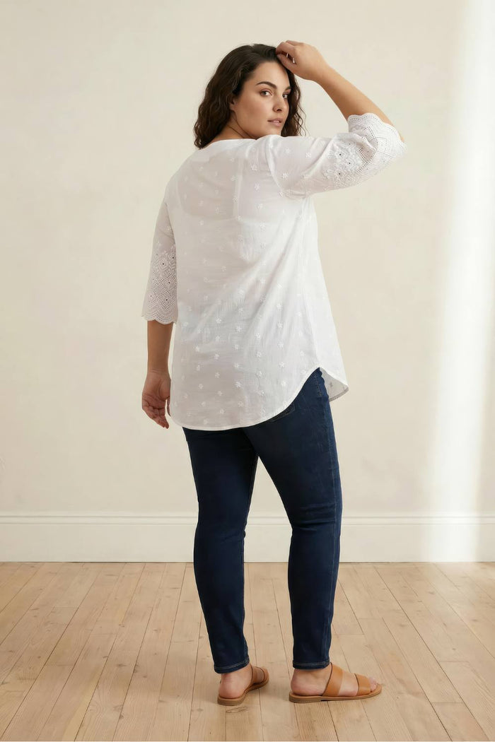 Plus Size White Cotton Schiffli V Neck Top