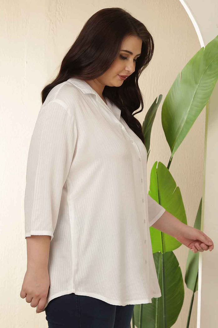 Plus Size White Cuban Collar Cotton Shirt