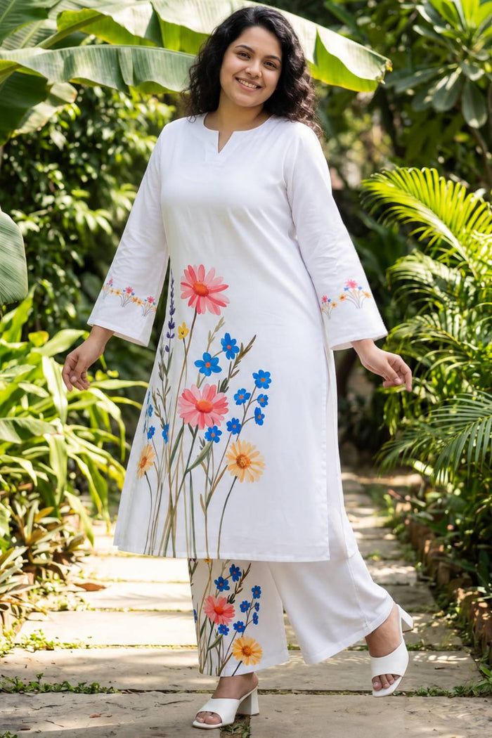 Plus Size White Floral Print Cotton Coord Set