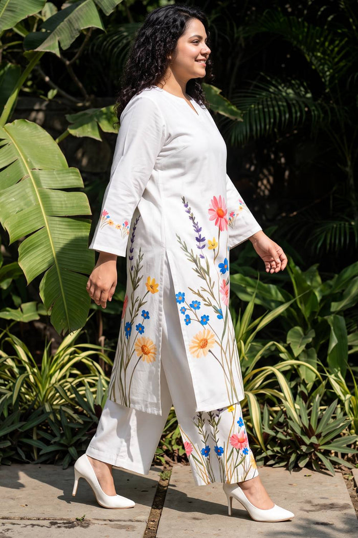 Plus Size White Floral Print Cotton Coord Set