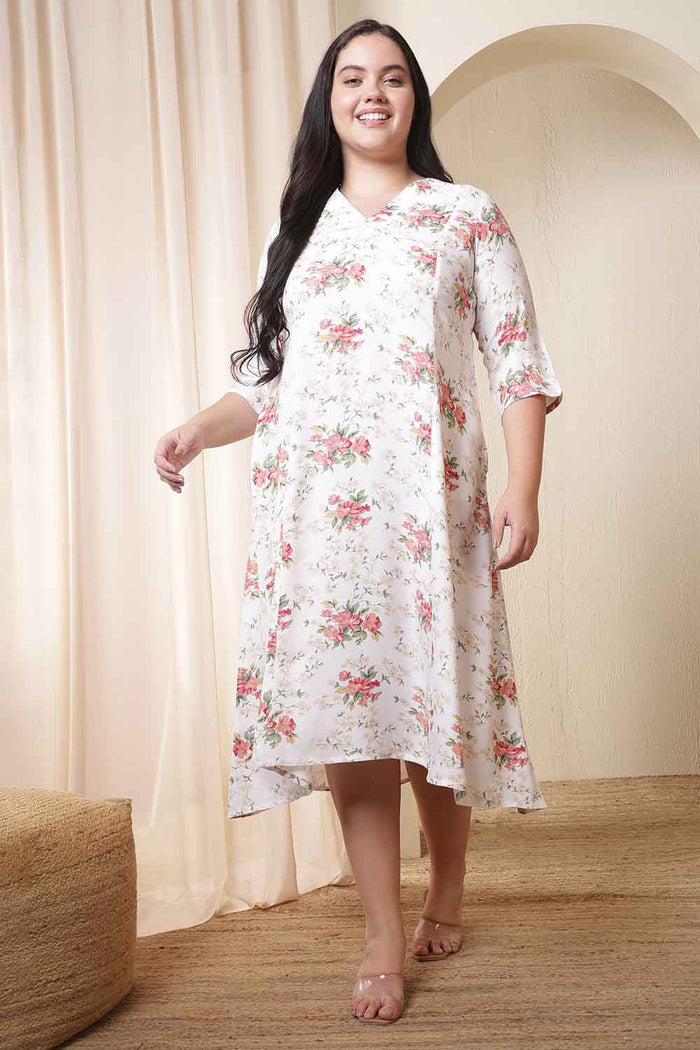 Plus Size White Floral Print Midi Dress