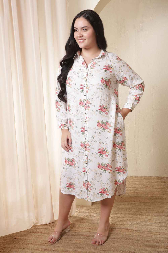 Plus Size White Floral Print Midi Shirt Dress