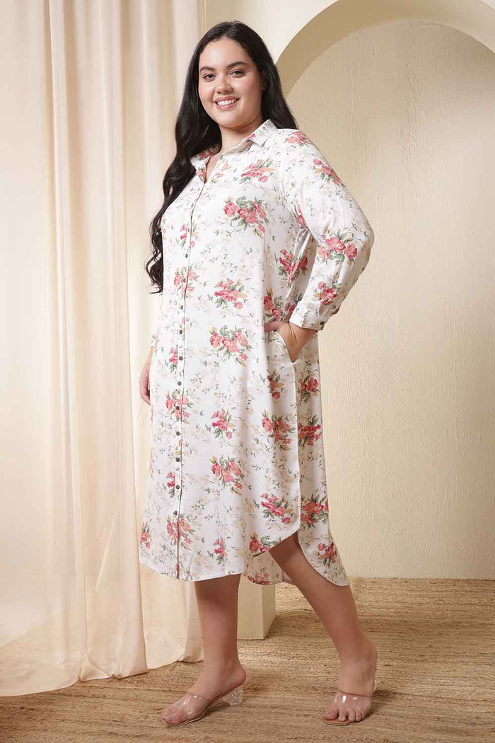 Plus Size White Floral Print Midi Shirt Dress