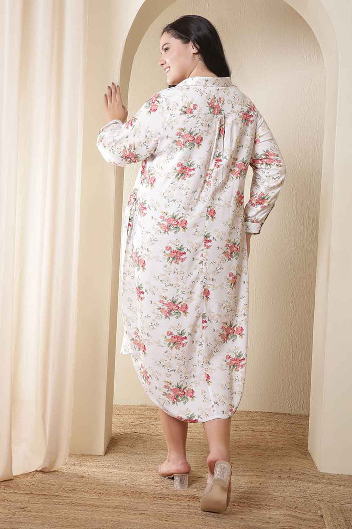 Plus Size White Floral Print Midi Shirt Dress