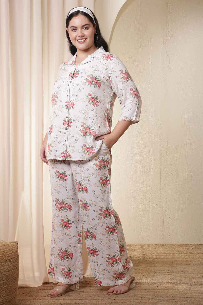 Plus Size White Floral Print Shirt Coord Set
