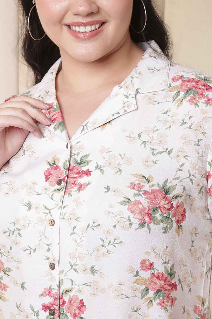 Plus Size White Floral Print Shirt Coord Set