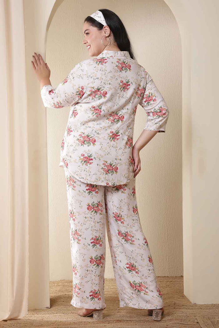 Plus Size White Floral Print Shirt Coord Set
